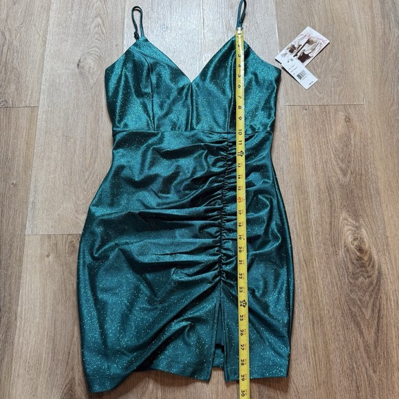 Honey and Rosie L Spaghetti Strap V-Neck Side Ruched Glitter Sheath Mini Dress‎ - Picture 8 of 8